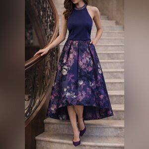 SLNY Women’s Halter Formal Dress Beaded Neck Floral Skirt Navy Blue Size 14